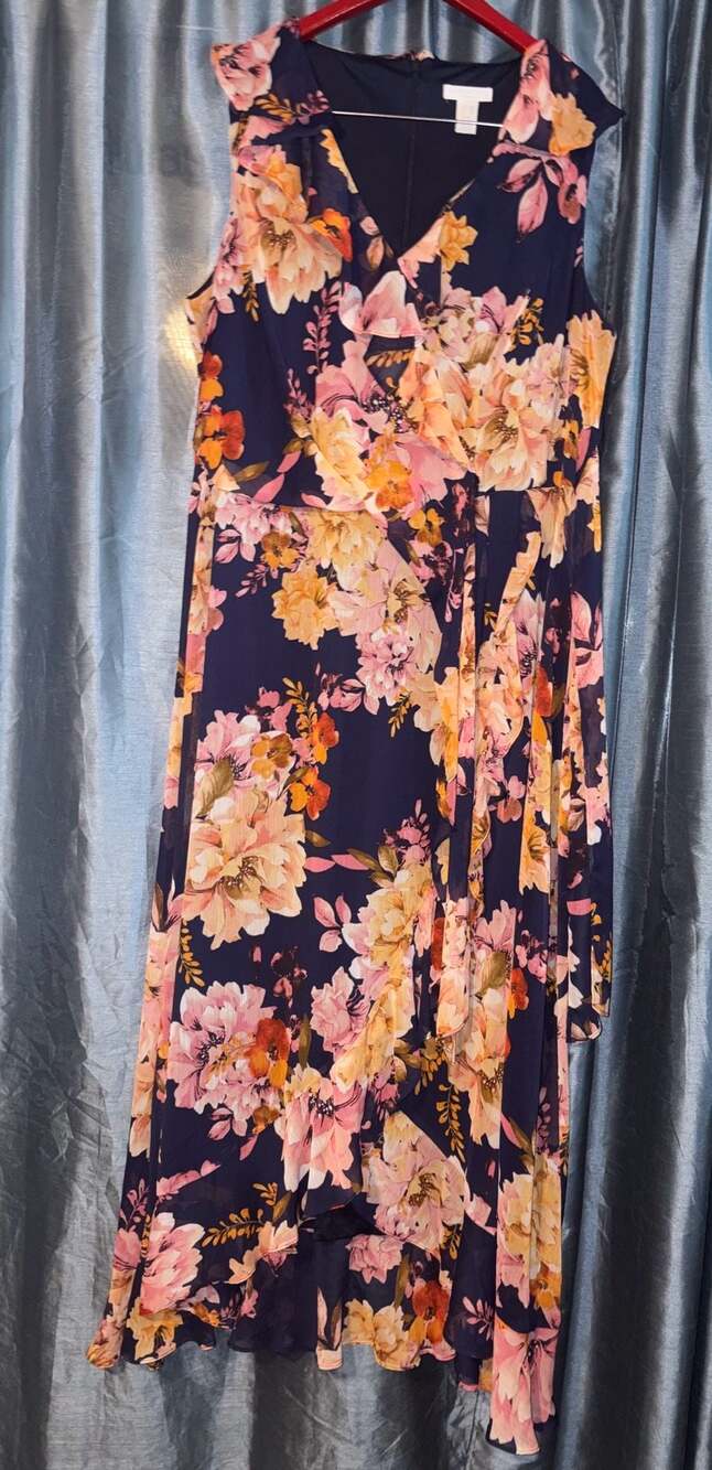 London Times Woman Floral Ruffle Faux Wrap High-Low Dress Size 16W